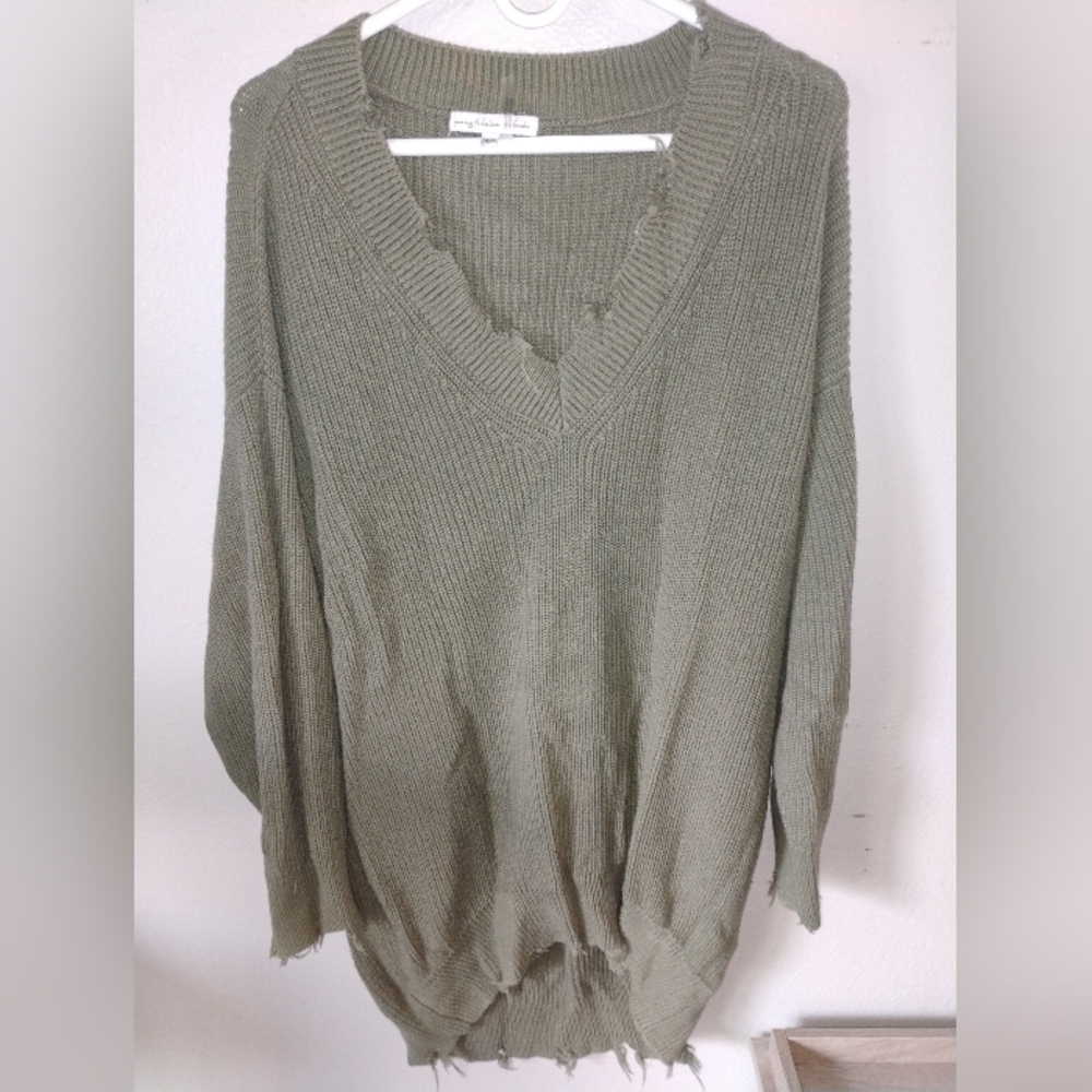Young Fabulous & Broke Olive Green V-Neck Distressed Knit Sweater